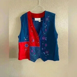 Napa Valley Women's Embroidered Blue Red Button Up Vest Size Large Y2K Vintage